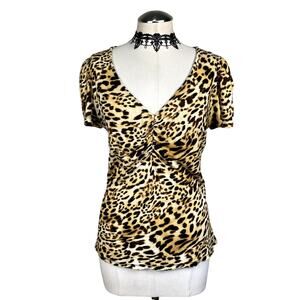 INC Leopard Print Ruched V Neck Office Corp Goth Grunge Puff Sleeve Blouse Sz L